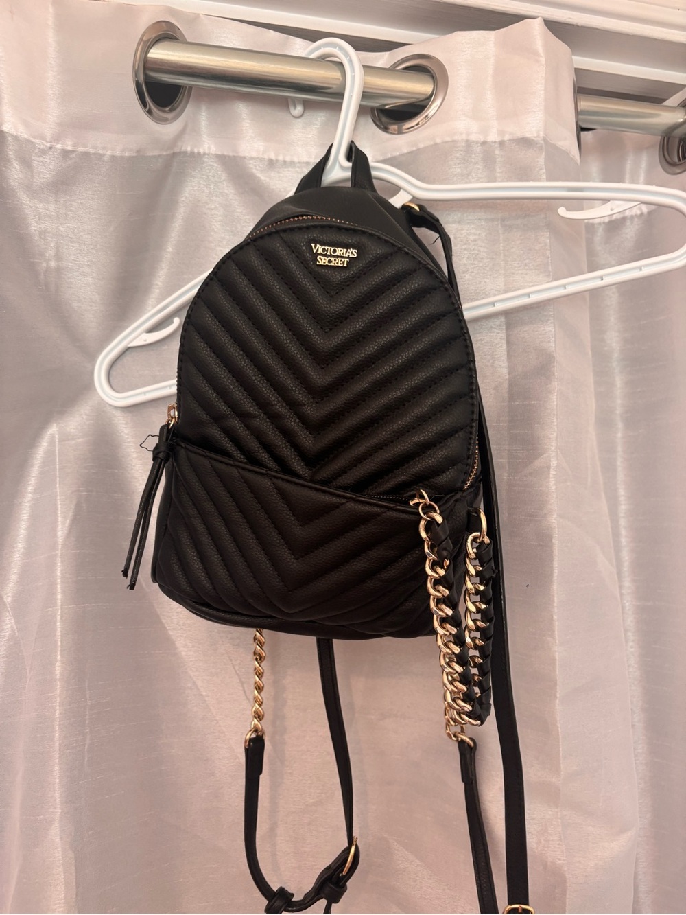 Victoria's Secret Black Quilted Mini Backpack with Gold Chain Accents